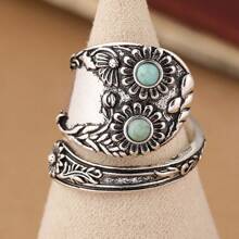 1pc Vintage Carving Open Ring With Geometric Turquoise Design, Creative Women's Jewelry For Daily Gatherings