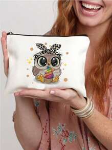 Cute Owl Who Loves Ice Cream Letter Cartoon Printed Cosmetic Bag, Cosmetic Bag, Print Cosmetic Bag, Makeup Bag, Gift For Girls, Cute Retro Simple Fashion Letter Pattern Printed Bag Storage Bag, Cosmetic Pouch For Small Items Storage, Storage Bag Suitable For Personal Travel Cosmetics Storage, For Holiday Beach, Bathroom Collection, Bedroom Collection, Large Capacity