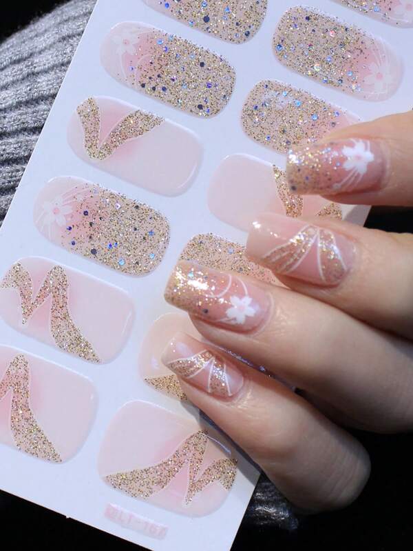 1 hoja de pegatinas de uñas con degradado para manicura francesa, calcomanías de uñas con estampado floral, tiras de uñas impermeables de color rosa claro, herramientas de arte de uñas
