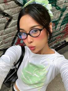 1pc Women's Elliptical Small Frame Personalized Street Snap Concave Shape Clear Glasses Clear Glasses Accessories Glasses Accessories For Women For Summer Beach Vacation, Outdoor, Travel - 黑色 - 查看 5