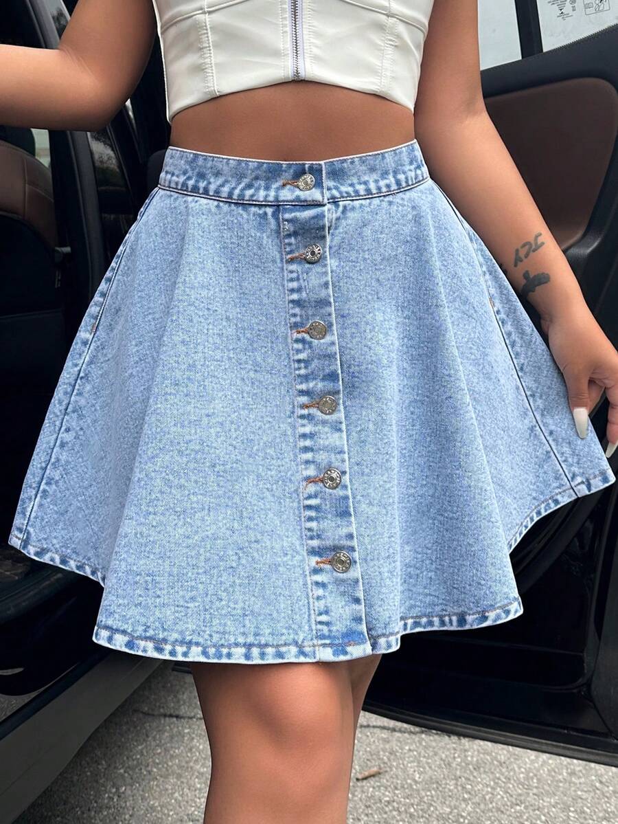 Teen Girls Fashion Casual Button Decor A-Line Flared Denim Skirt, Comfortable & Elegant Summer Holiday Style, Spring/Summer - Blue - View 1