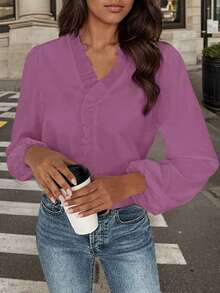 Women's Ruffled Cotton Casual Long-Sleeved Shirt, Elegant Vacation Top - Màu tím - Xem 2