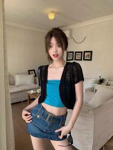 1pc Lightweight Perforated Mesh Shawl Cardigan, Versatile Summer Cover Up, Short Sleeve, Thin, Women For Dress - Knitted Shawl - View 8