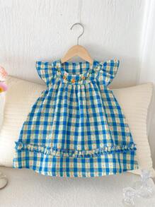 Sommer Baby Mädchen besticktes Blumen- und Karomuster Kleid
