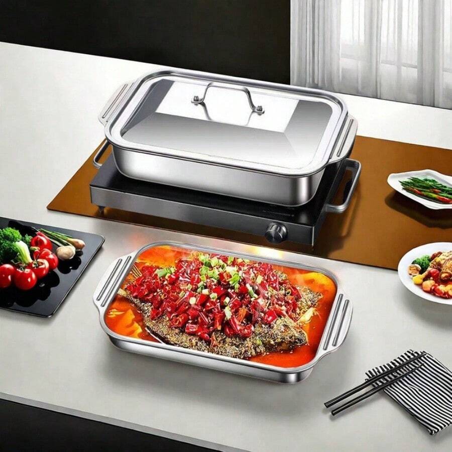 1-2pcs Large Stainless Steel Roasting Pan With Lid, Full Set For Roasting Whole Chicken, Fish, Rectangular Household Baking Tray, Oven Tray