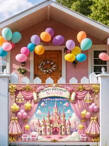 1pc Customizable Princess Birthday Party Banner With Name & Year, Pink Fairy Tale Castle Theme Backdrop Curtain, Back To School, Personalized Gift, Aesthetic - Multicolor - View 5
