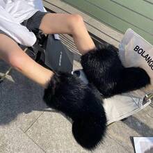 Women's Furry Faux Fur Boots Fuzzy Fluffy Mid Calf Snow Boots Suede Warm Fur Lined Booties Flat Warm Short Winter Boots - màu đen - Xem 4