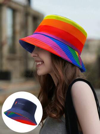 1pc Reversible Rainbow Color Block Flat-Top Bucket Hat, Versatile Sun-Shading Cap For Men & Women, 6 Colors Available