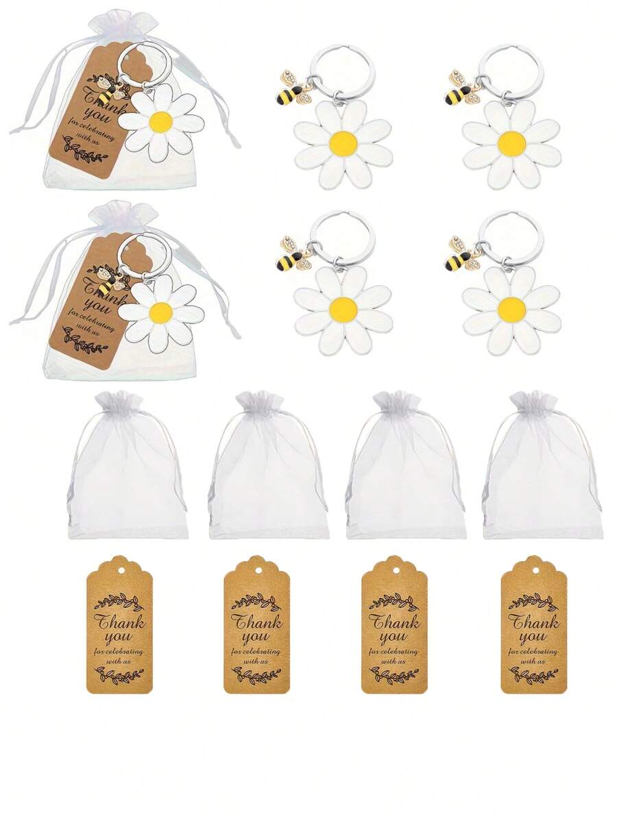 12pcs/3pcs Bee And Sunflower Keychain Gift Set - Cute Party Gift Return Sets Include, Stainless Steel Keychain, Organza Bag , Thank You Tags ,Suitable For Wedding, Bridal, Bachelorette Celebrations,Mother's Day Gifts,