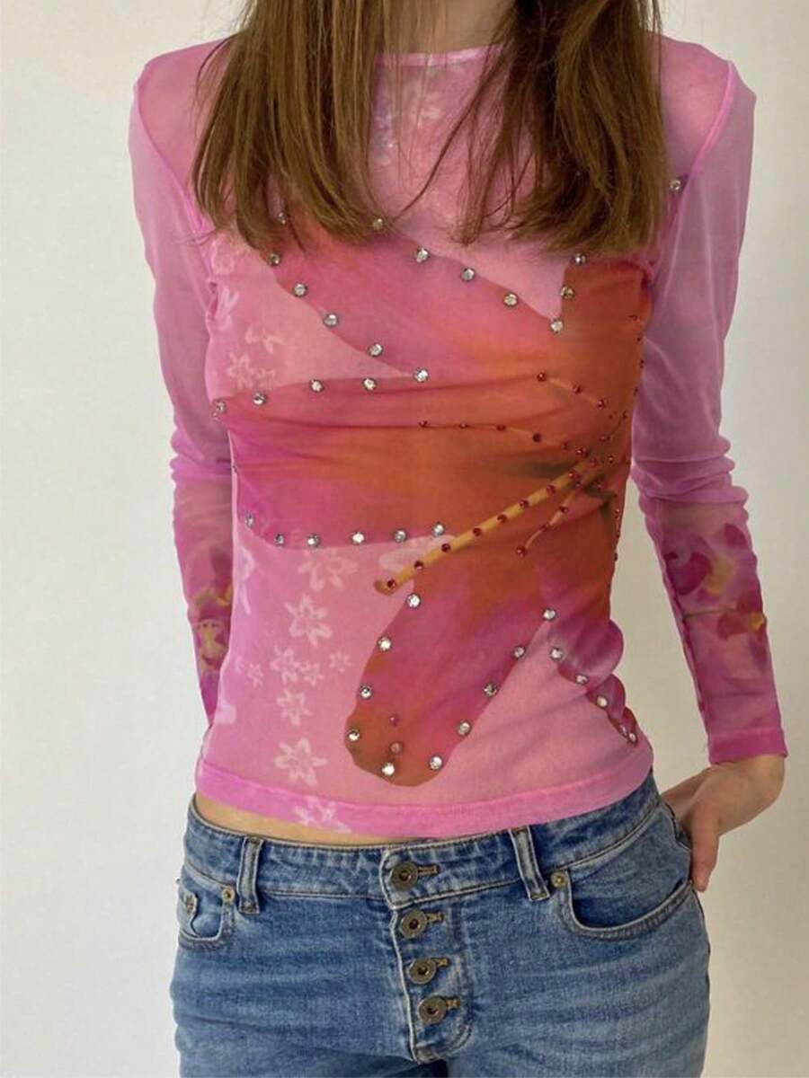 Womens Y2K Floral Sheer Mesh Shirts Tops Sexy See Through Long Sleeve Round Neck Rhinestone T Shirts Slim Fit Crop Tops Spring Summer Going Out Tops Blouses Beach Club Streetwear - Hồng - Xem 1