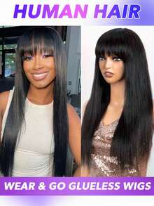 Peluca de cabello humano virgen brasileño con densidad del 180% al 250%, cabello lacio, peluca entera hecha a máquina con cabelludo superior y flequillo, sin encaje frontal, color #1B, sin pegamento, larga y de verdadera longitud, color natural, para mujeres, tamaños de 8 a 24, 26, 28, 30 pulgadas, versátil para uso diario y fiestas - Natural Black - Ver 3