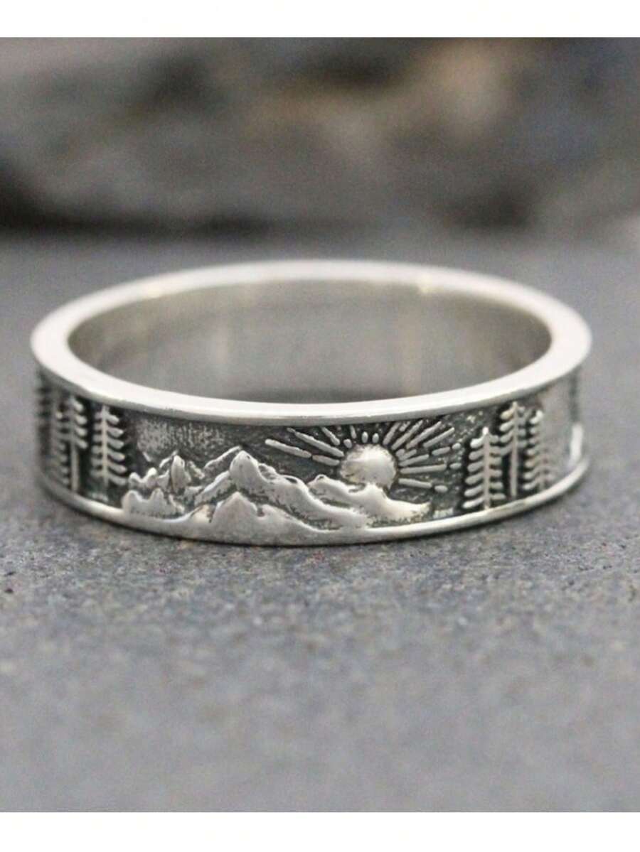 Retro Fashionable Bestseller Simple Sunset Snow Mountain Pine Tree Medieval Men's Ring, Versatile For Engagement, Wedding, Date, Travel, Anniversary, Christmas Gift
