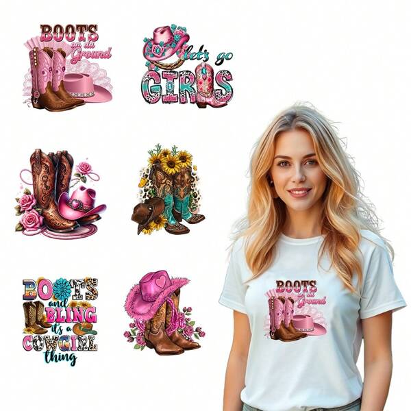 6PCS Interesting Cowboy Boots For Women Designs DIY Iron On Transfer Stickers For T-Shirts DIY Pillows, And Apparel Crafting Funny Cowboy Boots For Women Heat Transfers Printing Sticker On Clothes