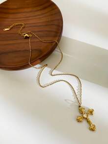 Monlansher New Stainless Steel Cross Pendant Necklace For Women, Heart Flower Elements Cross Design Fashion High-End Handmade Studded Stone Personalized Cross Pendant Necklace - Gold - View 11