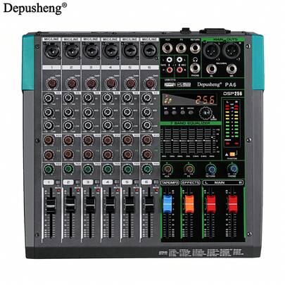 DEPUSHENG Consola de mezclas profesional Depusheng PA6, mezclador de audio de 6 canales, entrada MP3, alimentación fantasma de 48 V, mezclador de audio USB Bluetooth negro para PC