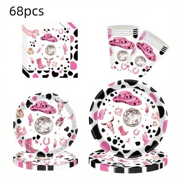 68pcs Pink Western Party Disposable Tableware Set, Including Cups + Napkins + 7" & 9" Plates, Suitable For Birthday Party, Gathering, Picnic, Festival, Celebration Events