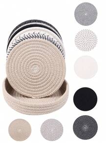 Soporte de rejilla de aproximadamente 20,3 cm (8 pulgadas) apto para platos, ollas y sartenes calientes, posavasos resistente al calor grueso para la cocina, alfombrilla, artículos de cocina esenciales, decoración de mesa y encimera, con cesta de almacenamiento, set de 5 piezas (4 posavasos + 1 cesta de almacenamiento)