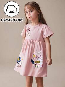 Young Girl's Summer Breathable Fashionable Cartoon Animal Flower Embroidery Short Sleeve Knitted Dress