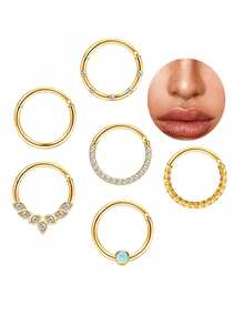 6 Pcs 16g Cute Septum Nose Rings Stainless Steel Nose Rings Hoop For Women CZ Opal Septum Rings Clicker Hinged Segment Nose Rings Lip Helix Cartilage Conch Daith Rook Piercing Jewelry 8mm - Set Of 6 Septum Nose Rings - View 2