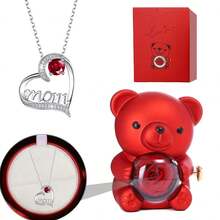 红色泰迪熊玫瑰香皂礼盒，水钻双心形吊坠项链，3 件心形珠宝配饰，适合作为母亲、家人、最好的朋友、女朋友、室友、姐妹的礼物，情人节、周年纪念日、音乐节、母亲节、婚礼、新年、生日派对、毕业典礼、感恩节、妈妈、母亲、母亲节、礼物