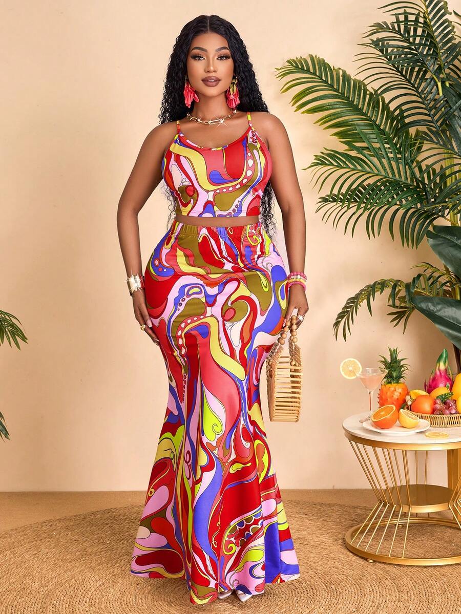 BIUBIU 女式夏季性感时尚热带色彩纹理印花吊带无袖上衣和紧身臀部长裙两件套，适合度假休闲、沙滩玩乐