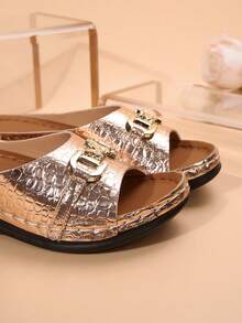 Elegant Women's Wedge Shaped Slippers And Sandals, Buckle Decoration Outdoor Sandals, Fashionable, Comfortable, Elegant, Casual, Beach, Wedge Shaped, Thick Soled Sandals, Plus Size - Champagne - View 5