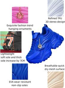 Tênis Casuais Esportivos de Moda Feminina com Pingente Metálico de Girassol, Tênis de Plataforma de Salto Alto para Uso Externo em Todas as Estações, Tênis Casuais Leves, com Absorção de Impacto, Respiráveis, com Cadarço e Biqueira Redonda para Estudantes Universitárias, Uso Diário, Encontros, Academia, Escritório, Antiderrapante, Elevador de 7CM