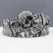 BIG Skull Rhinestone Belt Western Cowboy Style Men Belt Punk Rivet Jeans Belts NEW Metal Rivet Cowboy Belt Snake Pattern Summer, School Autumn-Winter Accessories,Suitable For Teens, Youth,Men,Casual, Outdoor, Athletic, Vacation, Graduation Gifts, Birthday, Daily Wear