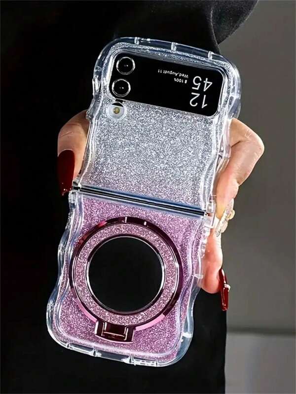 Wavy Style Soft Mobile Phone Case With Shiny Glitter Makeup Mirror Bracket Ring Holder Compatible With Samsung Compatible With Galaxy Z Flip 6 Z Flip 5 Z Flip 4 Z Flip 3 TPU Material Anti-Fall Mobile Phone Protective Cover