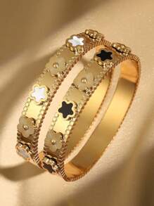1pc Fashionable Floral Stainless Steel Golden Plated Bracelet, Water-Resistant Ladies Bangle