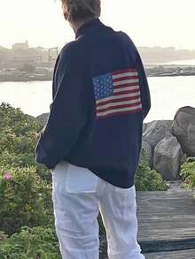 Women 4th Of July Open Front Cardigan Sweater Vinatge American Flag Button Down Long Sleeve V Neck Knit Top Shawl Collar Varsity Coat Jacket Y2K Oversized Chunky Cardigans Patriotic Graphic Jumper Tops Fall Winter Knitwear Outerwear Streetwear Independenc - 藏蓝色 - 查看 6