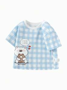 Balabala 女童纯棉短袖T恤，可爱小熊印花夏季上衣 - 白藍色調 - 查看 1