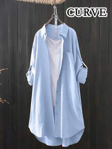 Plus Solid Plus Size Women Long Sleeve Button Shirts Spring - Blue - View 1