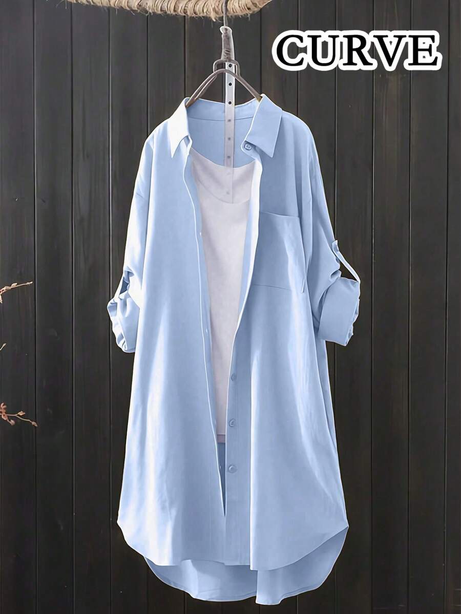 Plus Solid Plus Size Women Long Sleeve Button Shirts Spring - Blue - View 1
