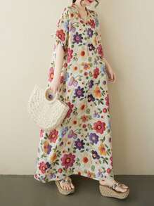 Sukienka kwiatowa, damska sukienka plażowa na wakacje, 2025 letnia sukienka dla starej matki, sukienka z handlu zagranicznego, dekolt w serek, głowa sen, kobieca sukienka z krótkim rękawem, bardzo szeroka, elegancka, oddychająca sukienka, bluzki, sukienka letnia, sukienka