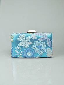 Random Pattern Women's Floral Pattern Evening Clutch Bag, Fashion Retro Sequin Embroidery Floral Evening Bag With Gold Metal Chain, Elegant Handmade Party Purses And Bags Women, Mini Box Bag For Ladies,Shoulder Blue Bags Purse For Party Girls, Bride, College Students, Rookies & White-Collar Workers For Party, Prom, Wedding, Unique Pattern, Prom Accessories, Bridesmaid Gifts, Enthusiastic, Elegant, Fresh And Simple - Blue - View 10