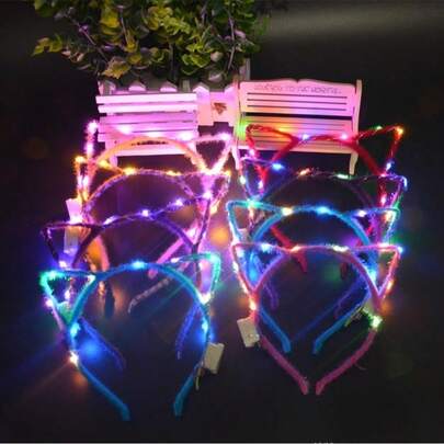 10个猫耳发箍，可爱发光猫咪头饰，派对用品，适用于夜店、锐舞派对、演唱会、复活节等场合，发箍、发圈、发饰发带