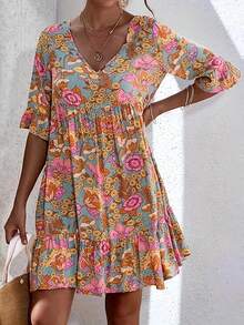 Women's Floral Print V-Neck Casual Vacation Dress