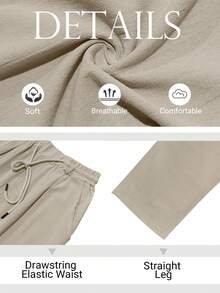 TRFIC Mens Casual Linen Pants Loose Fit Elastic Drawstring Waist Straight-Legs Summer Yoga Beach Long Pants - 卡其色 - 查看 4