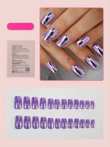 24片紫色按压式美甲贴片，浅紫色短方形亚克力美甲贴纸，夜店风格假指甲，美甲用品 - 紫色 - 查看 2