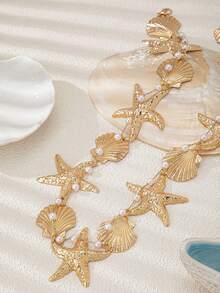 1pc Fashion Starfish & Shell Faux Pearl Waist Chain, Suitable For Women Beach Resort Wear - Yellow Gold - View 2