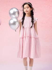 Balabala Girls' Ruffle Hem A-Line Dress, Sweet Summer Outfit - White Red - View 4