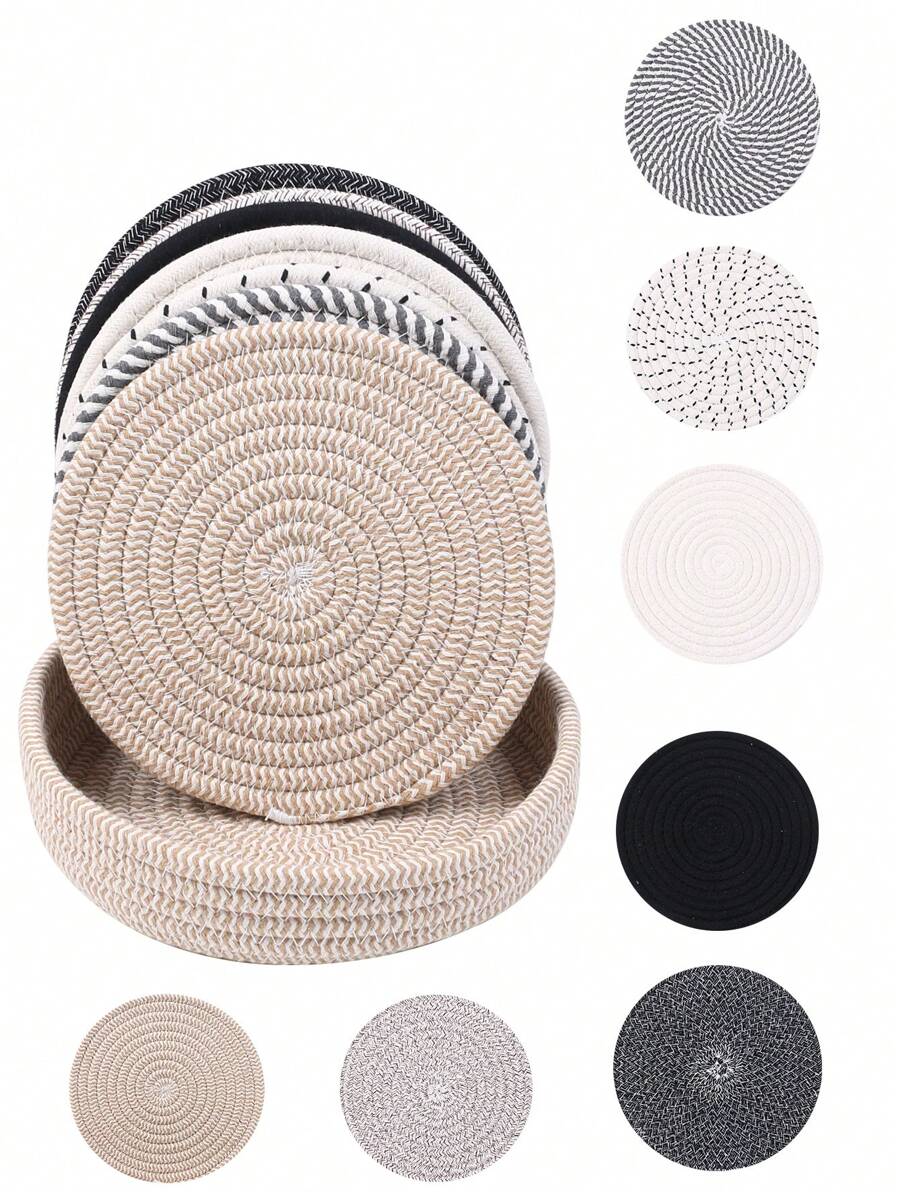 Soporte de rejilla de aproximadamente 20,3 cm (8 pulgadas) apto para platos, ollas y sartenes calientes, posavasos resistente al calor grueso para la cocina, alfombrilla, artículos de cocina esenciales, decoración de mesa y encimera, con cesta de almacenamiento, set de 5 piezas (4 posavasos + 1 cesta de almacenamiento)