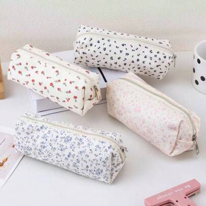 1pc Minimalist Pastel Pink Ditsy Floral Pencil Case, Fresh Girl Style Large Capacity Multifunctional High Aesthetic Cute Makeup Bag, Printed Stationery Pouch,Back To School,School Supplies,Pencil Pouch,School Bag