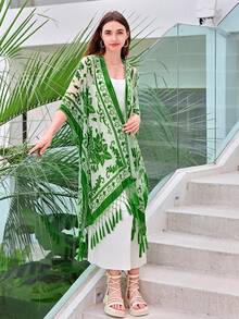 Easter Gift Shawl,Long Velvet Kimono Cardigan For Women, Special Design Pattern Placement Printing Velvet Kimono Cover Up With Tassels, Dark Green, Free Size - 墨綠色 - 查看 2