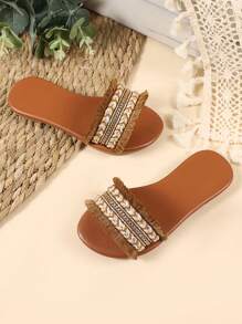 1 Paio di Ciabatte Piatte per Bambini, Tessuto Luccicante Patchwork, Nappine, Punta Tonda Aperta, Antiscivolo Confortevoli, Adatte per Bambini/Bambine da 1+ Anni per Uso Casual, Festa, Vacanza, Interno/Esterno, Nuova Collezione Estate