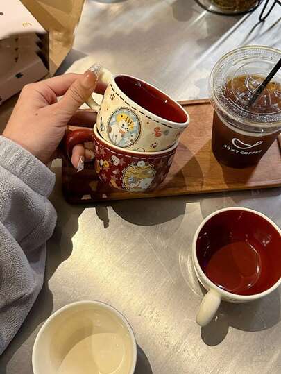 Sevimli Kedi Tasarım Ditsy Çiçekli Seramik Kupa, Yüksek Kaliteli Seramik Kupa, Ev ve Ofis Kullanımı Kahve/Su Kupası, Kahvaltı Kupası