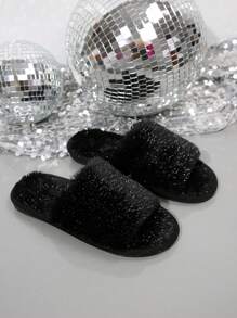 Women's Spring/Autumn Fluffy Furry Slip-On Slippers, Fashion Glitter Strap Open Toe Soft Sole Non-Slip Flat Sandals For Bedroom/Indoor,Gift For Mom, Black/Pink/Grey