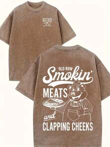 Pig Mascot - "Smokin' MEATS And CLAPPING CHEEKS" Graphic Printed Street Style Men's Casual Wear 230g Washed Cotton Round Neck Short Sleeve Comfortable & Breathable Double - Sided Printed Tee For Summer High - Quality Design - Cà phê nâu - Xem 1