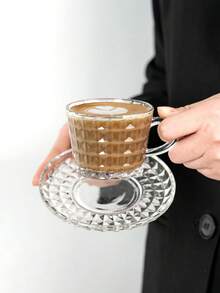 1件套高端玻璃咖啡杯碟套装创意浮雕钻石纹理优雅下午茶杯碟家用早餐牛奶杯茶杯